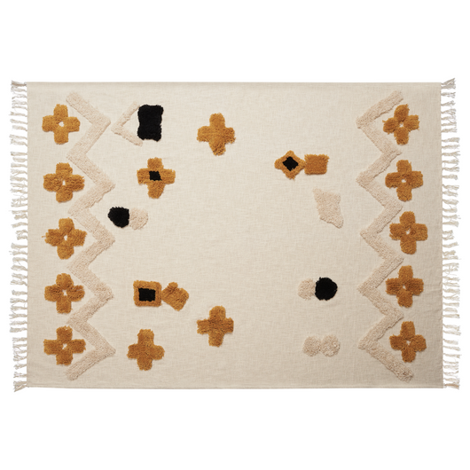 Coperta beige e giallo cotone 130 x 180 cm copriletto motivo astratto frange camera da letto soggiorno