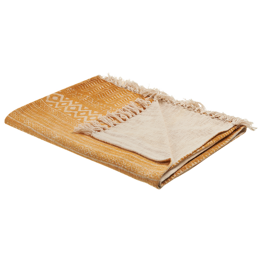 Coperta in cotone giallo e beige, 130 x 180 cm, copriletto, motivo africano, frange, camera da letto, soggiorno