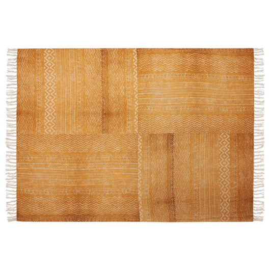 Coperta in cotone giallo e beige, 130 x 180 cm, copriletto, motivo africano, frange, camera da letto, soggiorno