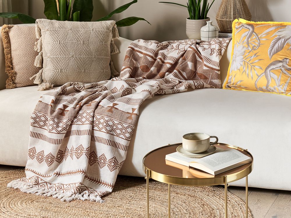 Coperta beige marrone cotone 130 x 180 cm copriletto kilim africano motivo frange accento pezzo