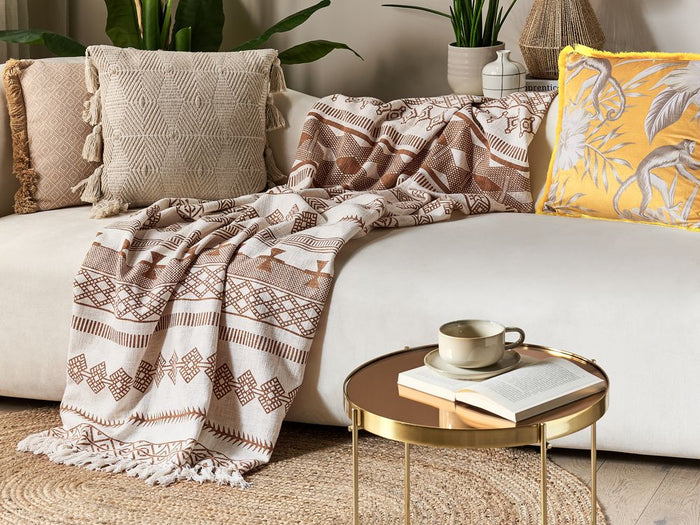 Coperta beige marrone cotone 130 x 180 cm copriletto kilim africano motivo frange accento pezzo