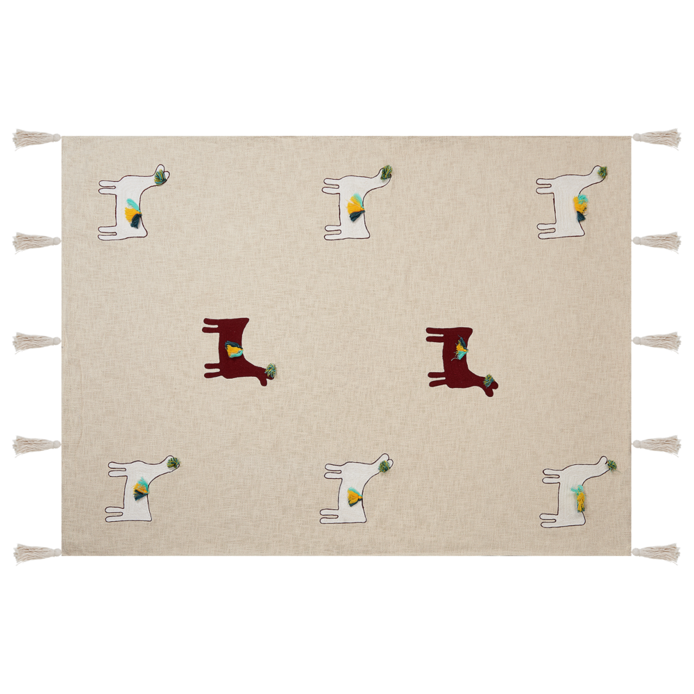 Coperta in cotone beige e marrone 130 x 180 cm copriletto in ricamo fatto a mano con motivo lama accogliente con nappe
