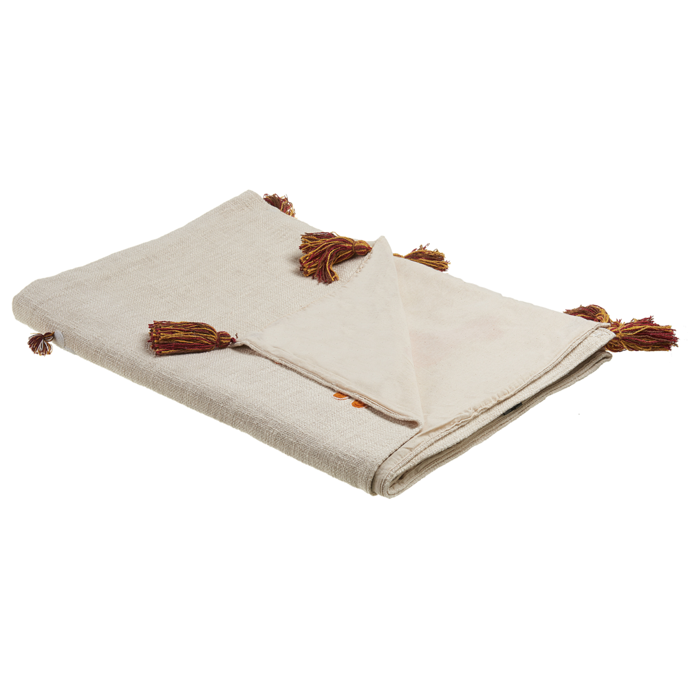 Coperta in cotone beige e arancione 130 x 180 cm copriletto in ricamo fatto a mano con motivo lama accogliente con nappe