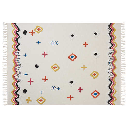 Coperta in cotone beige e rosa 130 x 180 cm copriletto in ricamo fatto a mano con motivo lama accogliente con nappe