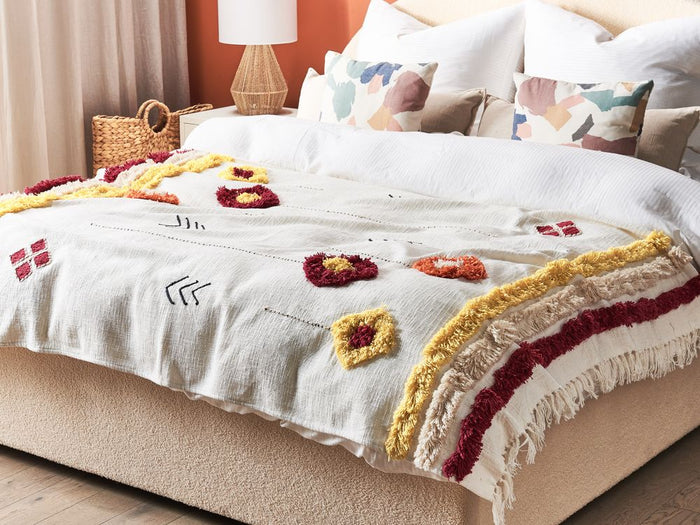 Coperta in cotone multicolore 130 x 180 cm copriletto in ricamo fatto a mano accogliente motivo geometrico con nappe