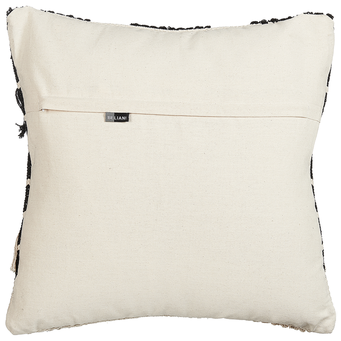 Cuscino decorativo cotone beige e nero 50 x 50 cm motivo geometrico nappe Fatto a Mano Sfoderabile con Imbottitura