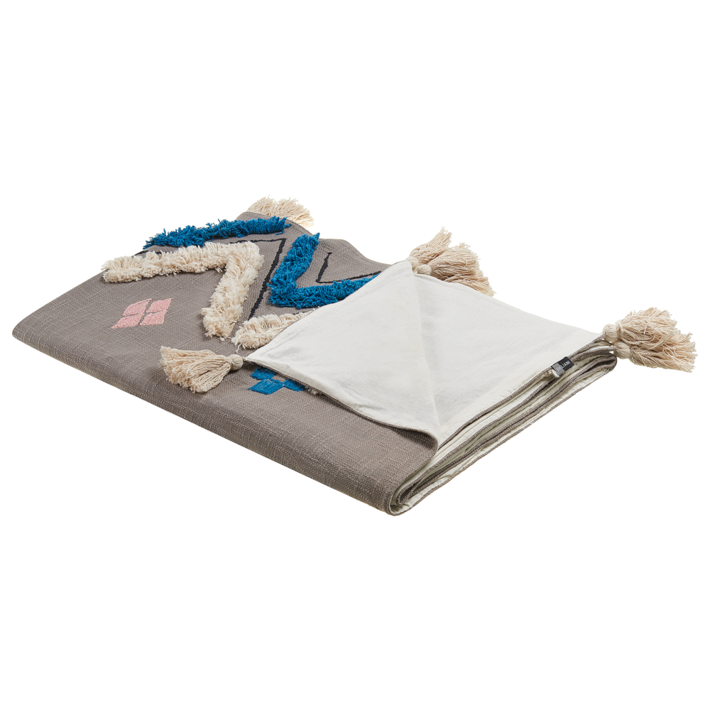 Coperta in cotone grigio 130 x 180 cm copriletto moderno motivo chevron frange soggiorno camera da letto