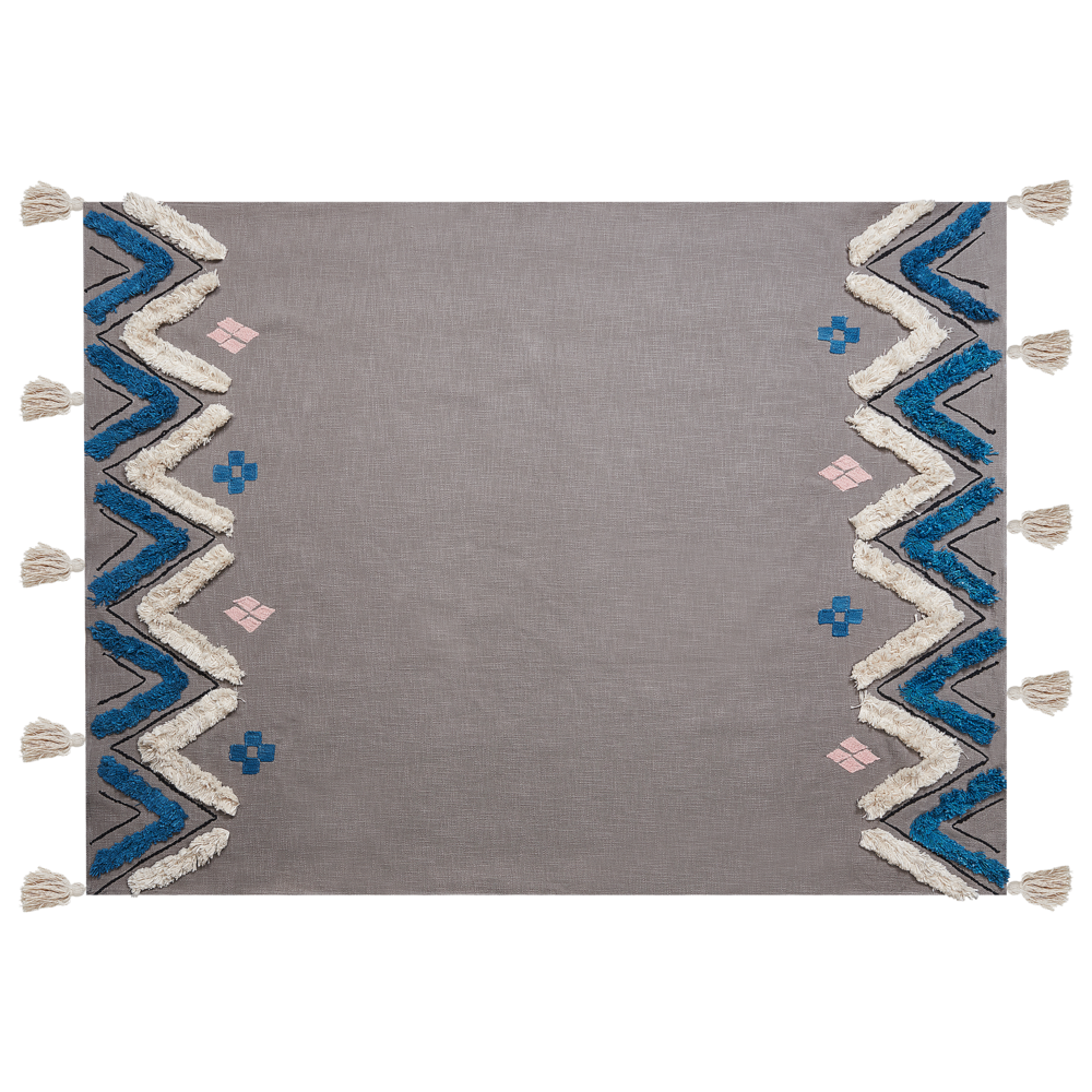 Coperta in cotone grigio 130 x 180 cm copriletto moderno motivo chevron frange soggiorno camera da letto