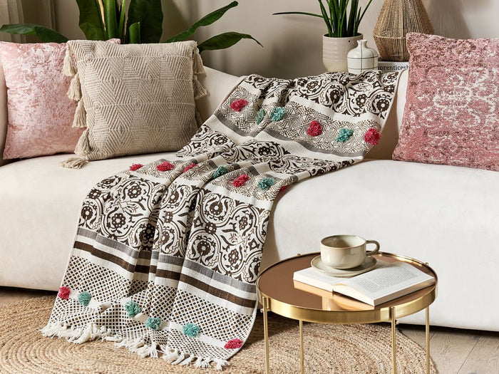 Coperta marrone beige cotone 130 x 180 cm motivo floreale lavorato a maglia pompon pompons soggiorno camera da letto accento pezzo