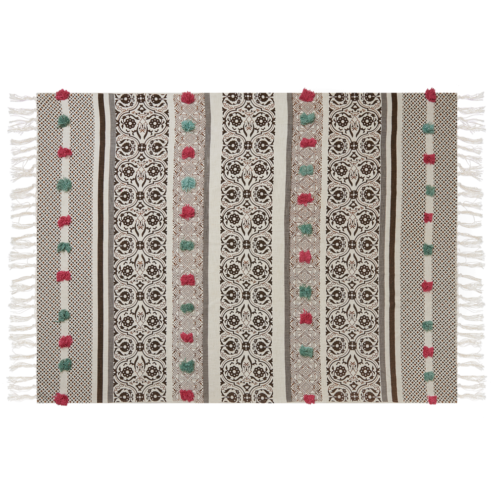 Coperta marrone beige cotone 130 x 180 cm motivo floreale lavorato a maglia pompon pompons soggiorno camera da letto accento pezzo