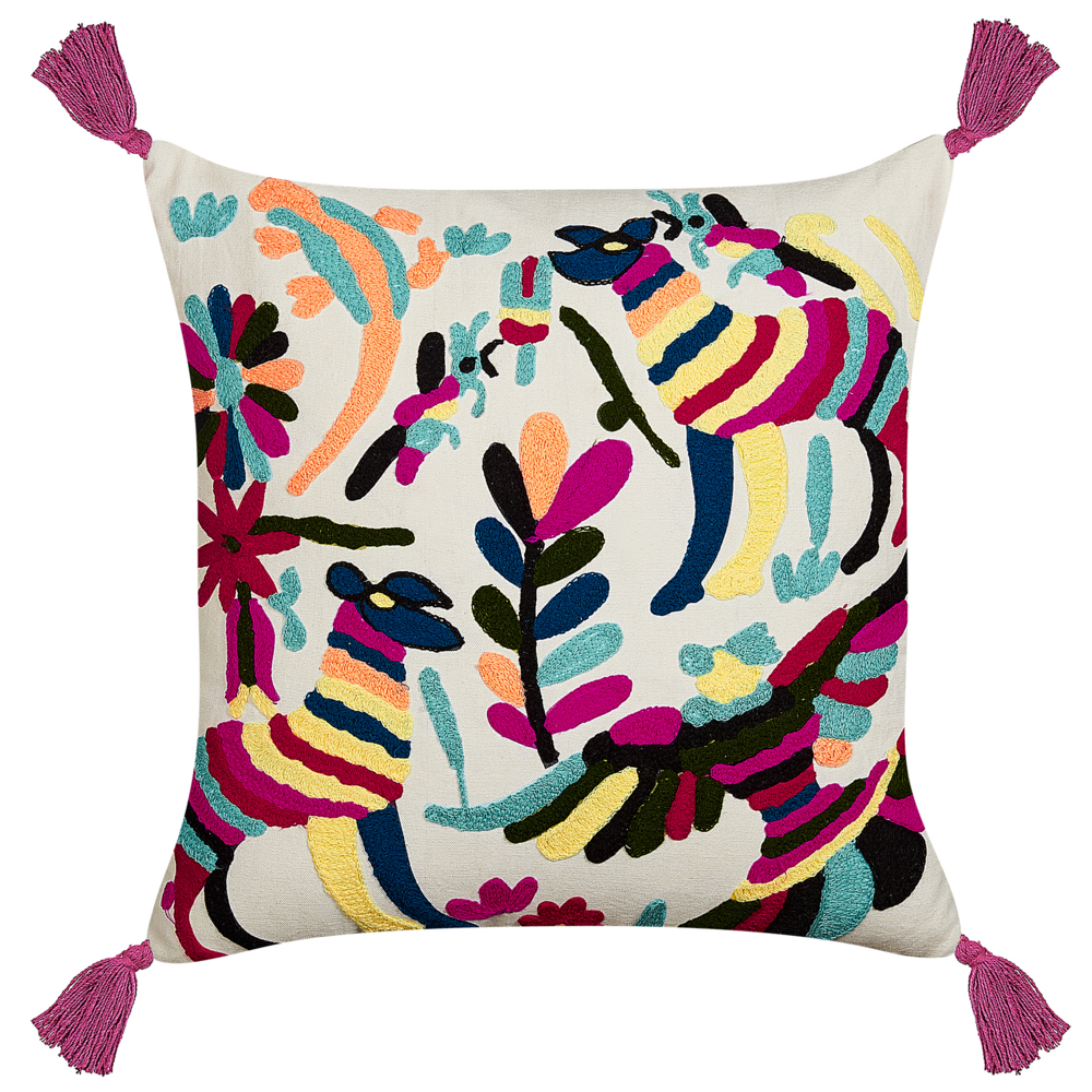Cuscino sfoderabile in cotone multicolore 50 x 50 cm motivo animale ricamato a mano sfoderabile con imbottitura in stile boho