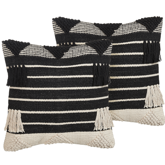 Set di 2 cuscini decorativi in cotone beige e nero 50 x 50 cm motivo geometrico nappe fatto a mano sfoderabile con imbottitura
