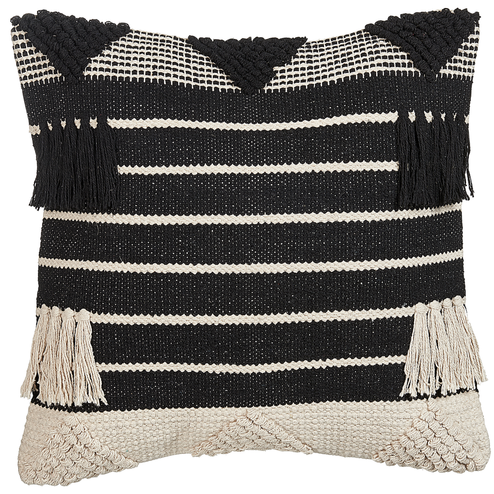 Set di 2 cuscini decorativi in cotone beige e nero 50 x 50 cm motivo geometrico nappe fatto a mano sfoderabile con imbottitura