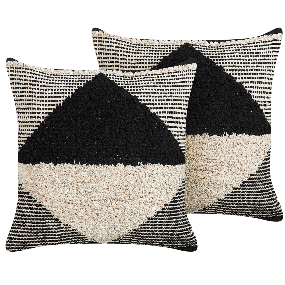 Set di 2 cuscini decorativi in cotone beige e nero 50 x 50 cm motivo geometrico fatto a mano sfoderabile con imbottitura