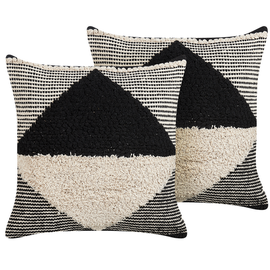 Set di 2 cuscini decorativi in cotone beige e nero 50 x 50 cm motivo geometrico fatto a mano sfoderabile con imbottitura