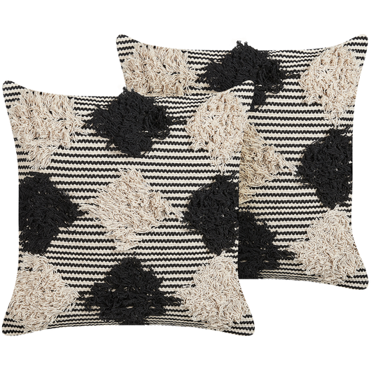 Set di 2 cuscini decorativi in cotone beige e nero 50 x 50 cm motivo geometrico fatto a mano sfoderabile con imbottitura