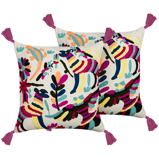 Set di 2 cuscini decorativi in cotone multicolore 50 x 50 cm motivo animale ricamato a mano sfoderabile imbottito in stile boho