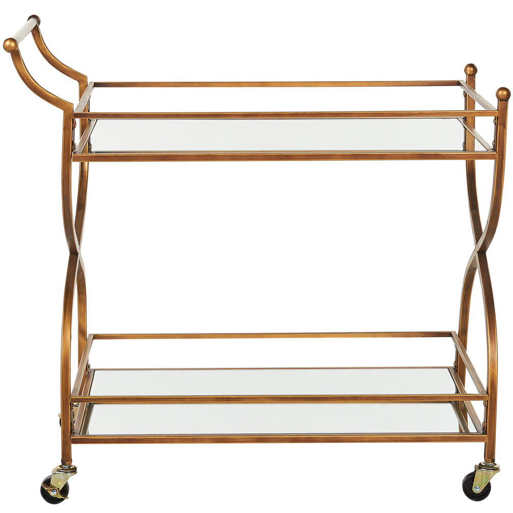 Carrello da cucina specchiato con struttura in ferro dorata a due livelli con ruote glam in stile moderno