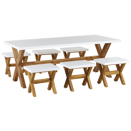 Set da esterno con tavolo in fibra di cemento grigio e 6 sgabelli stile moderno industriale