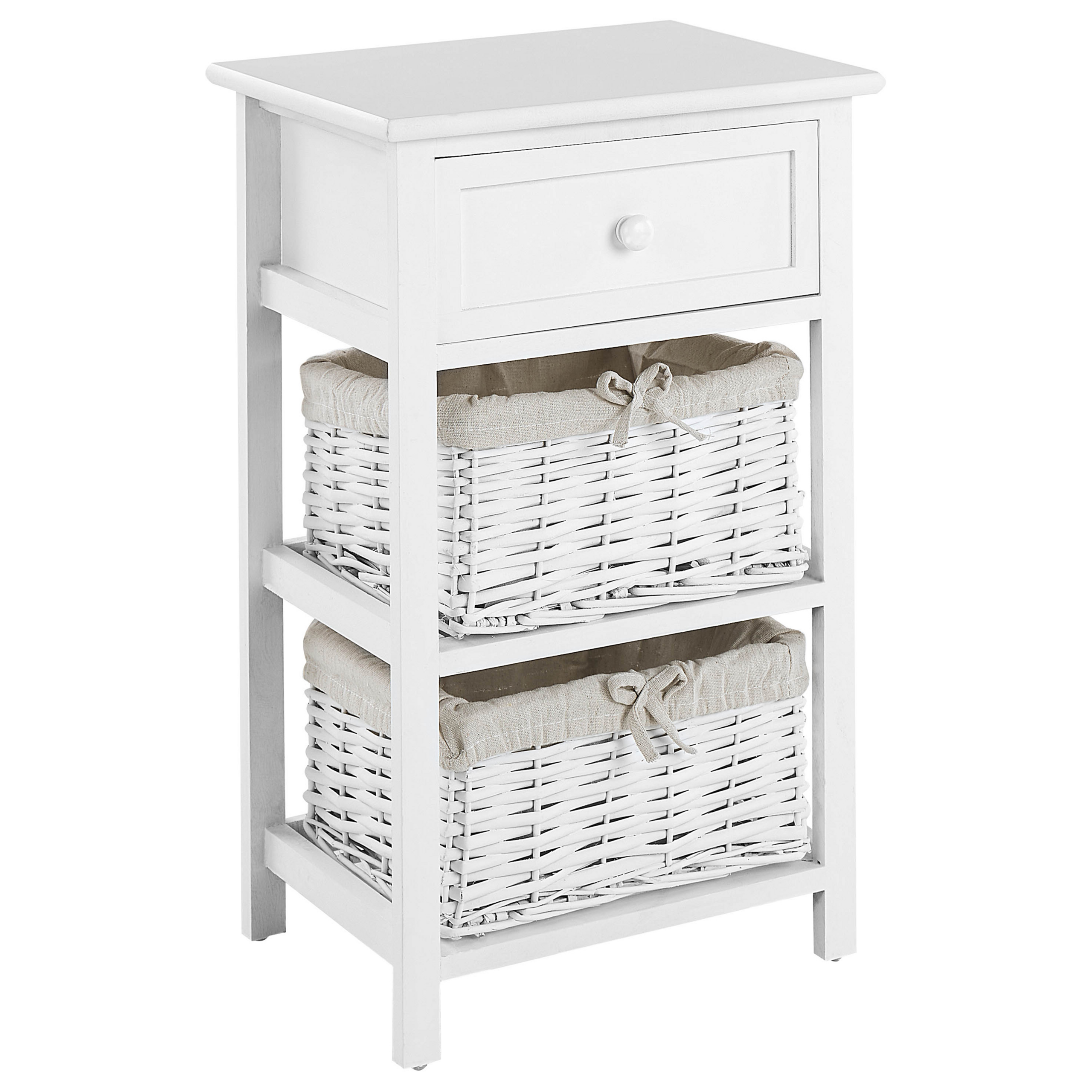 Comodino tradizionale in stile retrò con cassetto e due cesti di colore bianco