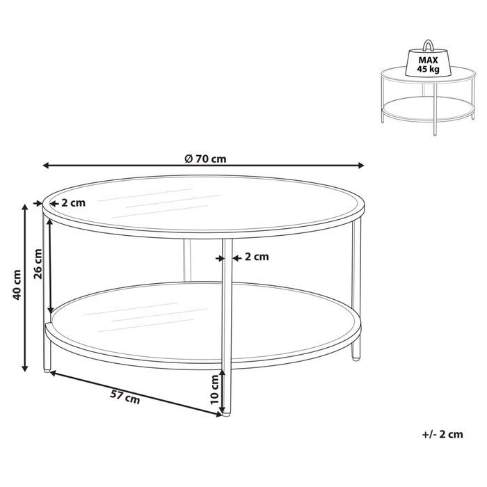 Tavolino rotondo piano in vetro temperato e metallo oro ø 70 cm