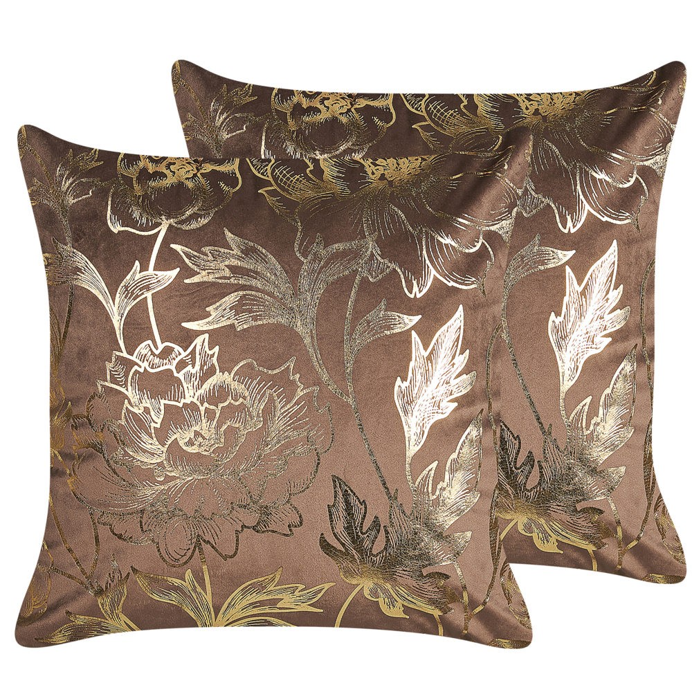 Set di 2 cuscini decorativi in velluto marrone 45 x 45 cm con stampa floreale in lamina d'oro Accessori decorativi glamour