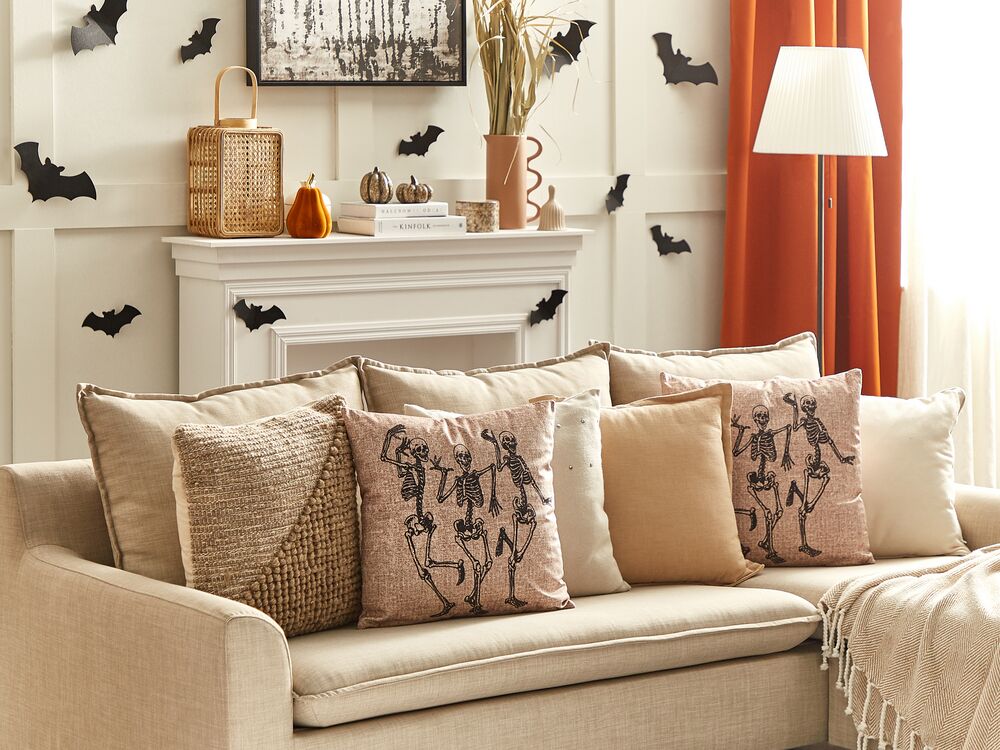 Set di 2 cuscini decorativi motivo scheletro in velluto bianco sporco 45 x 45 cm quadrati moderni accessori per la decorazione di Halloween