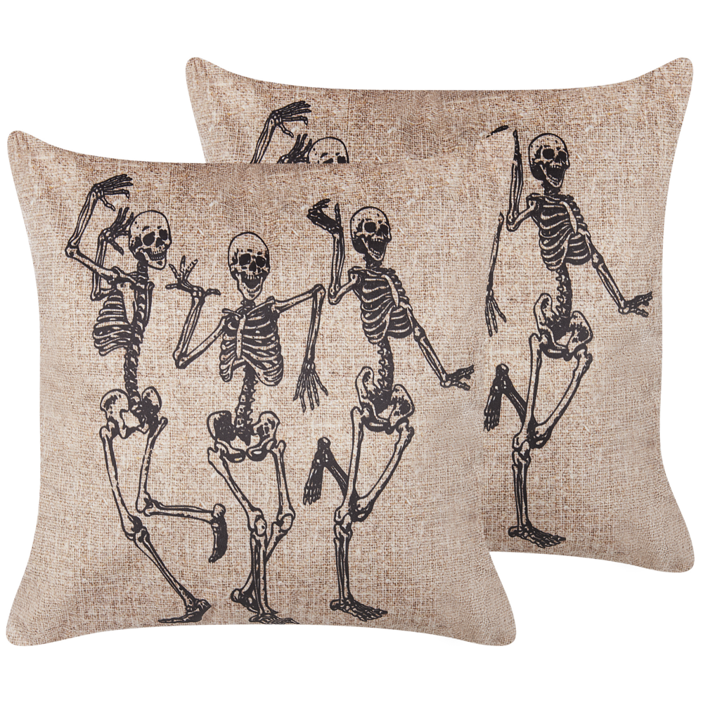 Set di 2 cuscini decorativi motivo scheletro in velluto bianco sporco 45 x 45 cm quadrati moderni accessori per la decorazione di Halloween