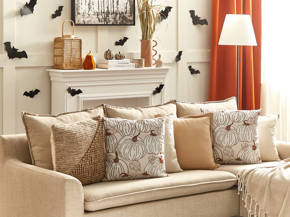 Set di 2 cuscini decorativi in velluto con fantasia zucca, 45 x 45 cm, quadrati, moderni e minimalisti, accessori per la decorazione autunnale