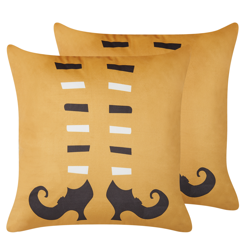 Set di 2 cuscini decorativi in velluto arancione con scarpe da strega modello 45 x 45 cm quadrati moderni accessori per la decorazione autunnale di Halloween