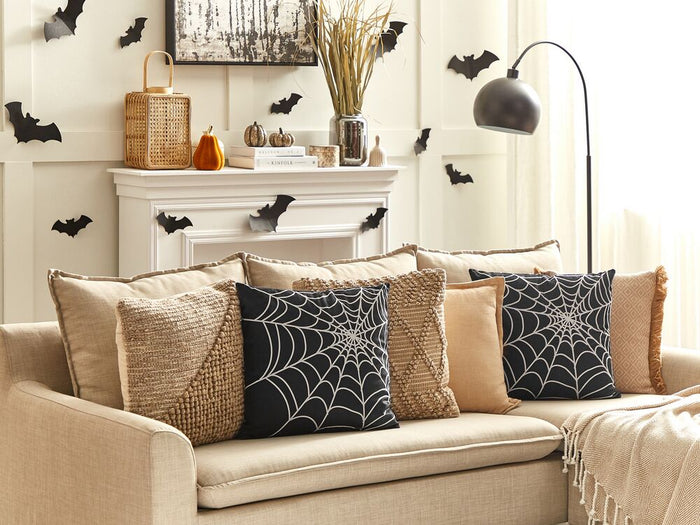 Set di 2 cuscini decorativi in velluto nero motivo ragnatela 45 x 45 cm quadrati moderni accessori per la decorazione autunnale di Halloween