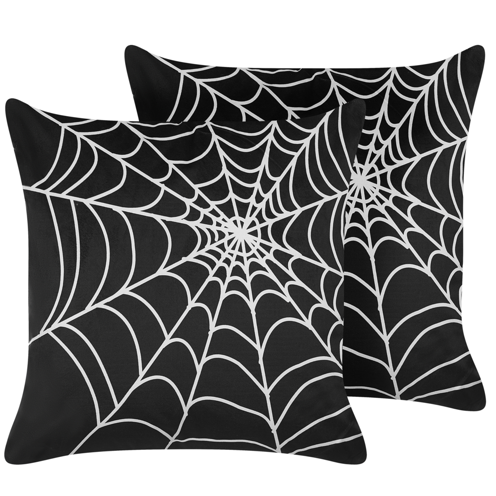 Set di 2 cuscini decorativi in velluto nero motivo ragnatela 45 x 45 cm quadrati moderni accessori per la decorazione autunnale di Halloween