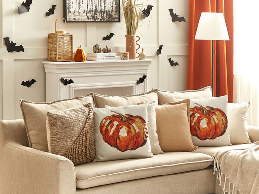 Set di 2 cuscini decorativi velluto beige fantasia zucca 45 x 45 cm Quadrato moderno E Minimalista Decorazione Autunnale Accessori