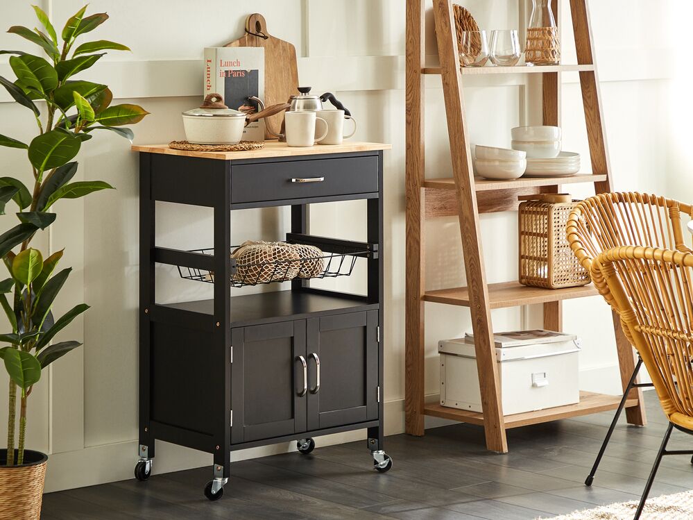 Carrello da cucina nero e legno chiaro con cassetto e armadietto