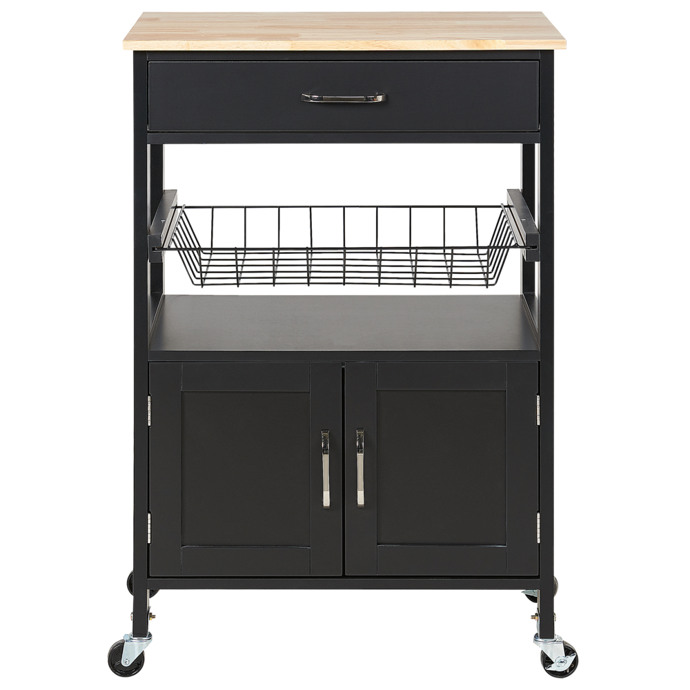 Carrello da cucina nero e legno chiaro con cassetto e armadietto