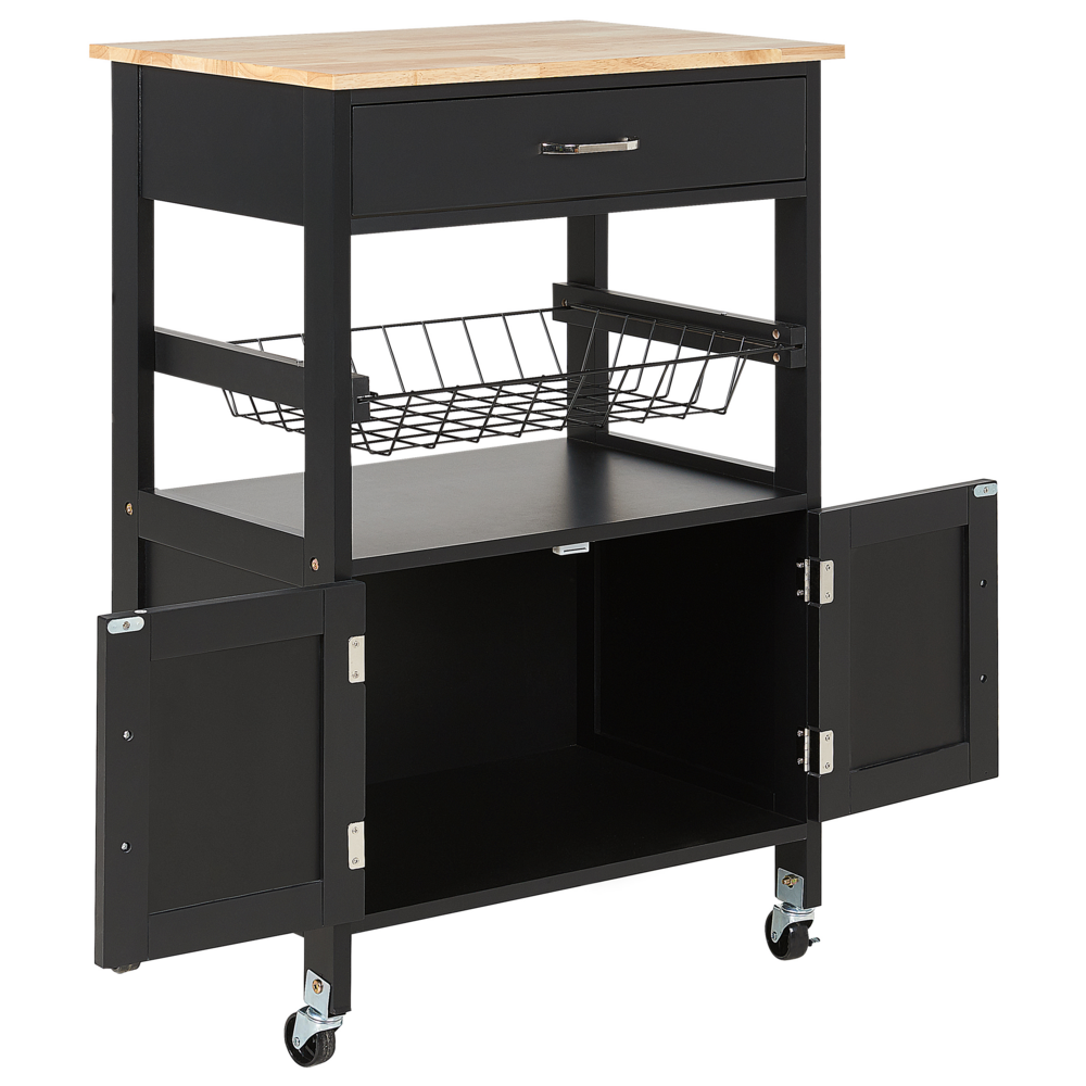 Carrello da cucina nero e legno chiaro con cassetto e armadietto