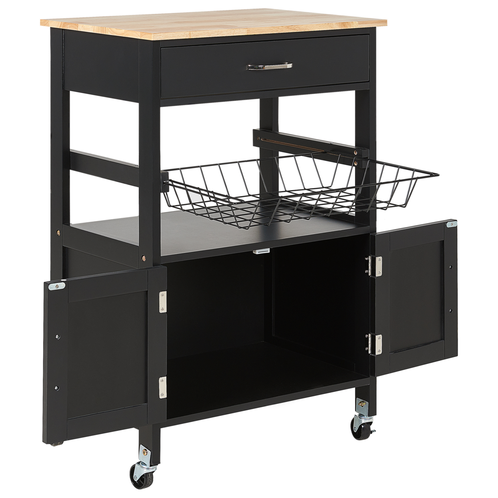 Carrello da cucina nero e legno chiaro con cassetto e armadietto