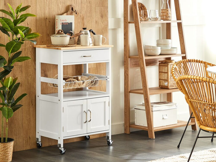 Carrello da cucina bianco e legno chiaro con cassetto e armadietto