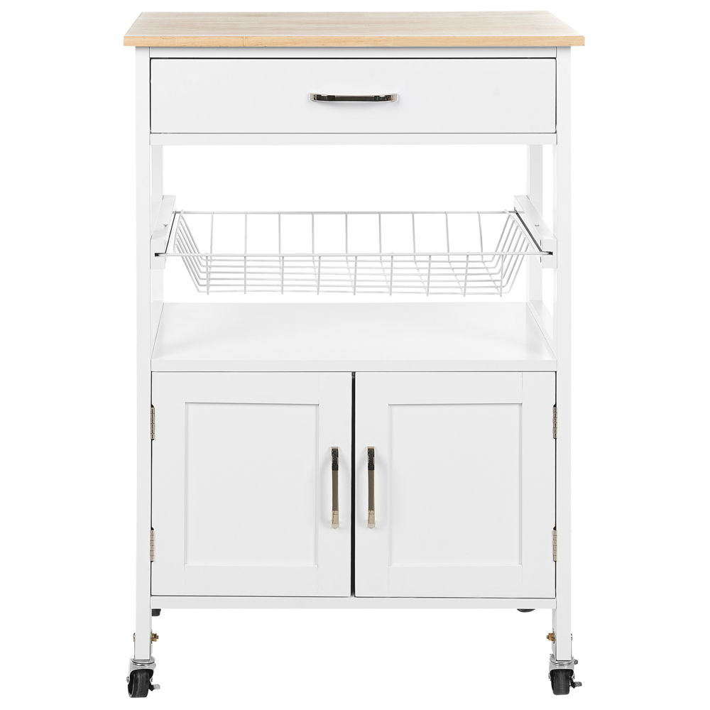 Carrello da cucina bianco e legno chiaro con cassetto e armadietto