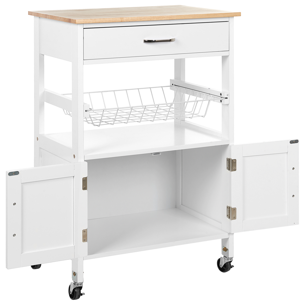 Carrello da cucina bianco e legno chiaro con cassetto e armadietto