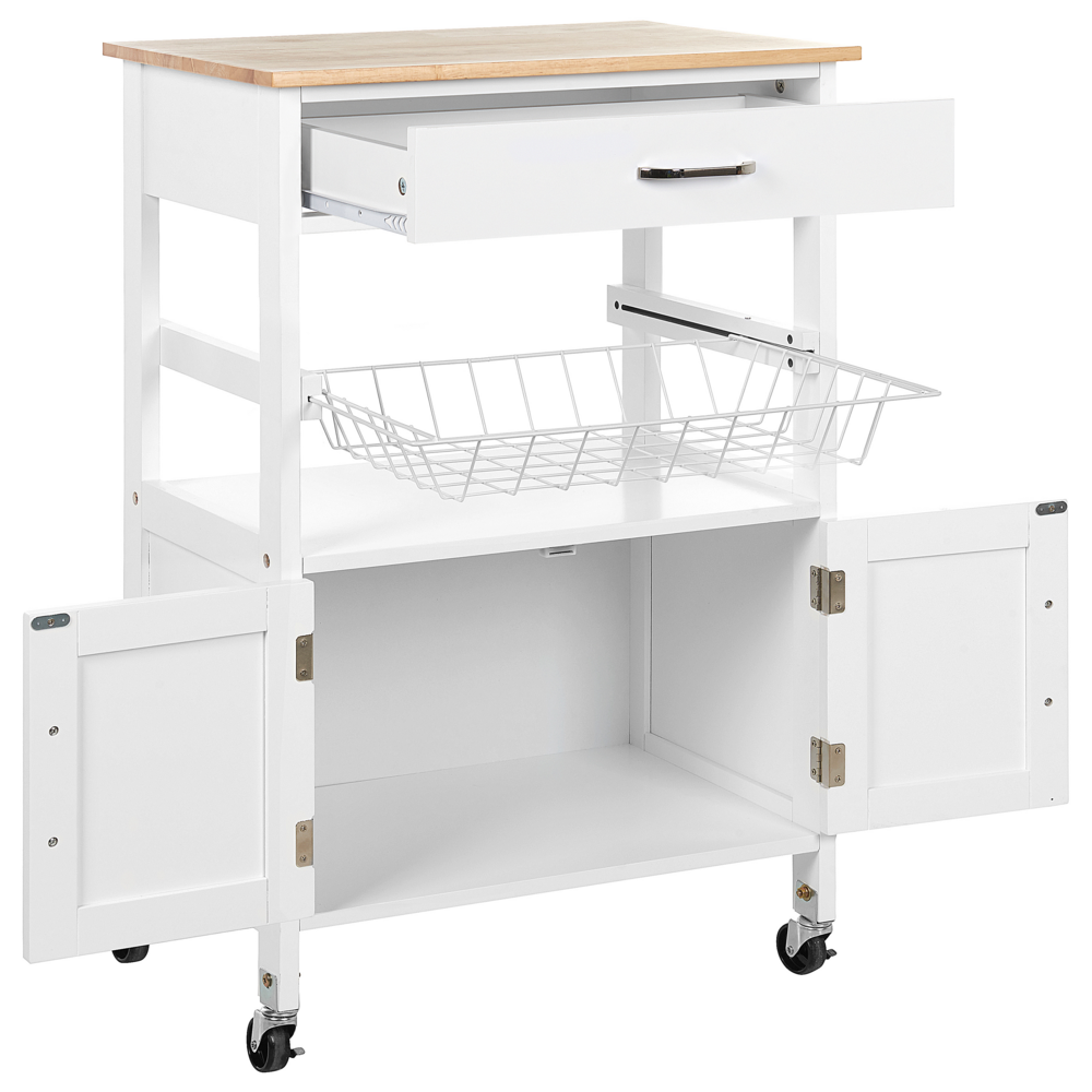 Carrello da cucina bianco e legno chiaro con cassetto e armadietto