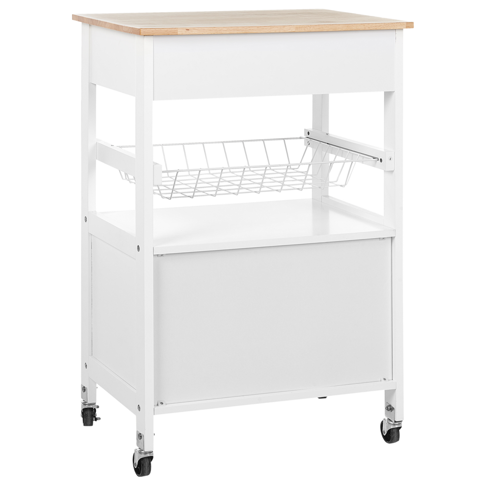 Carrello da cucina bianco e legno chiaro con cassetto e armadietto