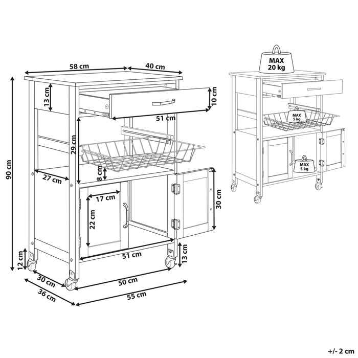 Carrello da cucina bianco e legno chiaro con cassetto e armadietto