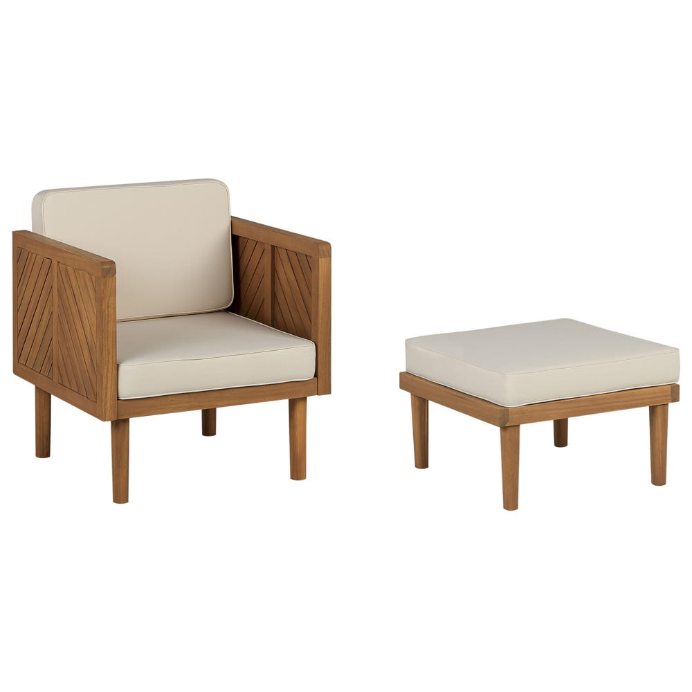 Poltrona da giardino in legno di acacia con poggiapiedi in poliestere cuscini schienale del sedile bianco indoor outdoor