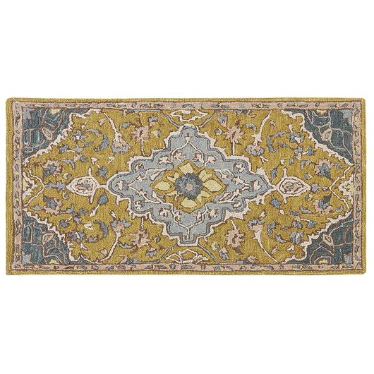 Tappeto in lana gialla e blu motivo foglie 80 x 150 cm stile orientale vintage soggiorno camera da letto