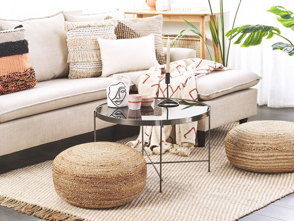 Pouf colore beige naturale intreccio in juta ⌀ 50 cm dalla forma rotonda stile boho cuscino da pavimento