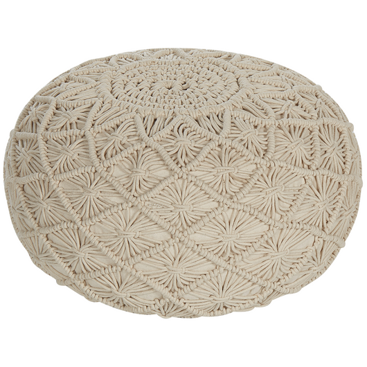 Pouf in cotone imbottito 50 x 30 cm beige con motivo macramé stile boho per camera da letto o soggiorno
