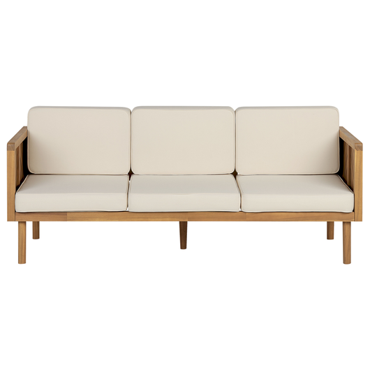 Divano da giardino in legno di acacia 3 posti beige chiaro cuscino da seduta con imbottitura a doghe design patio esterno stile moderno