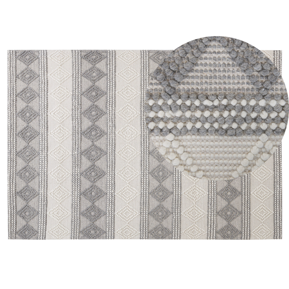 Tappeto in lana beige chiaro e grigio poliestere 140 x 200 cm intrecciato a mano motivo geometrico boho soggiorno camera da letto