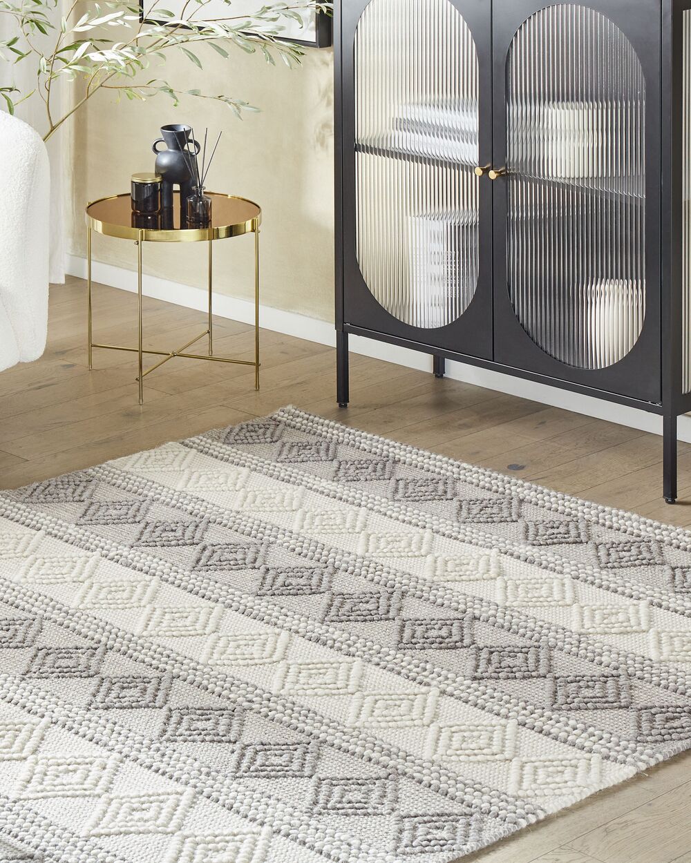 Tappeto in lana beige chiaro e grigio poliestere 200 x 200 cm intrecciato a mano motivo geometrico boho soggiorno camera da letto